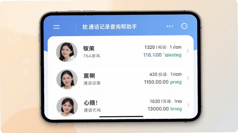 通话记录查询帮手联系人整合界面,显示联系人头像、姓名和通话记录,界面友好,背景柔和,突出软件名称和联系人功能