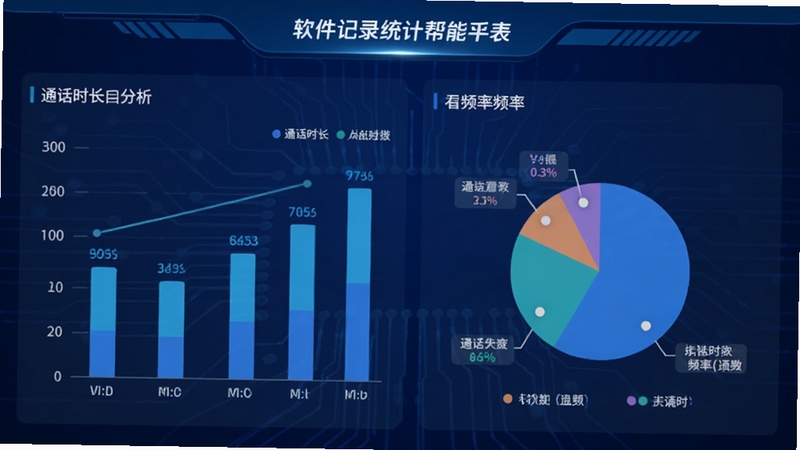 通话记录查询帮手统计图表页面,展示柱状图和饼图,分析通话时长和频率,背景为科技感蓝色调,数据可视化,突出软件名称和统计功能