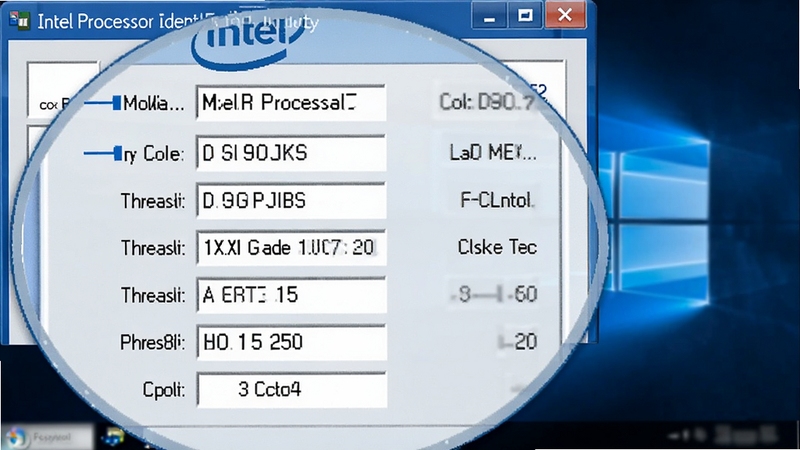 Intel Processor Identification Utility软件界面的局部放大截图,重点突出处理器型号、核心数、线程数、缓存大小等参数区域,界面风格为Windows经典蓝色调,参数文字清晰锐利,背景为深色桌面壁纸,整体构图稳定,突出信息展示。