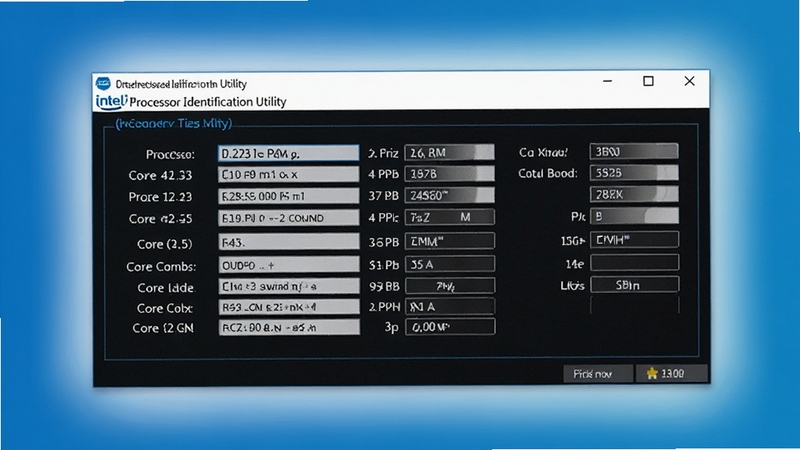一张简洁明亮的电脑屏幕特写,屏幕上清晰显示Intel Processor Identification Utility主界面,界面中列出处理器型号、主频、核心数等参数,背景为纯色渐变,整体风格科技感十足,画面主体为屏幕中的软件界面,周围有柔光效果。