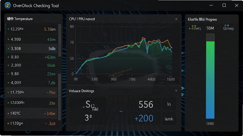 OverClock Checking Tool 主界面预览图,展示CPU频率实时监控曲线与电压数据面板,背景为深色科技感风格,左侧是硬件温度列表,右侧是稳定性测试进度条,整体画面清晰明亮,突出软件的专业检测功能