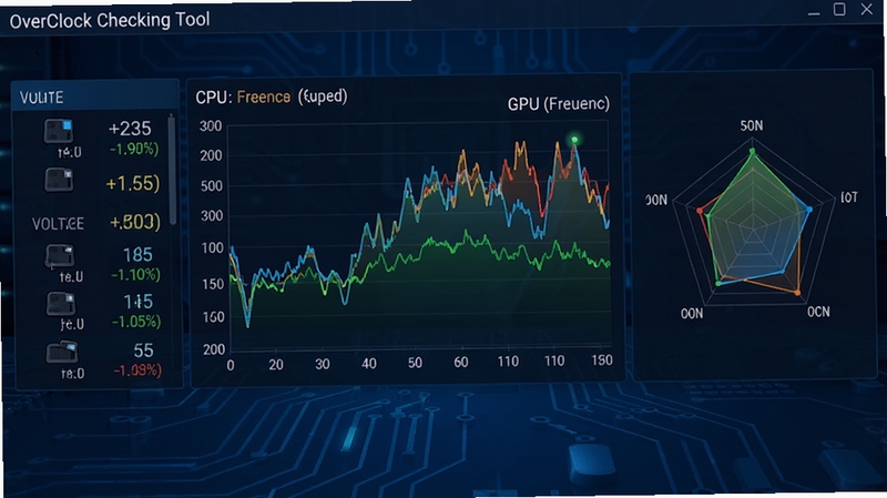 OverClock Checking Tool 实时监控界面,画面中央是CPU与GPU频率折线图,左侧显示电压数值,右侧为温度雷达图,背景为深蓝色科技感桌面,图表线条清晰,数据实时跳动,整体风格专业且富有动感