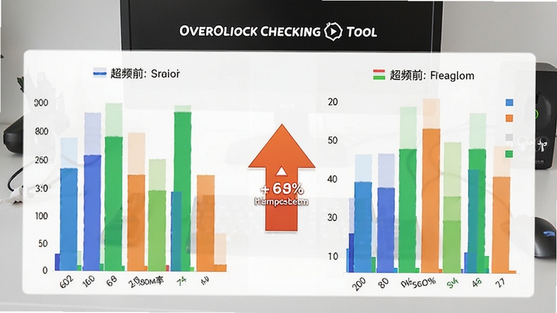 OverClock Checking Tool 成绩对比界面,左右分栏显示超频前后的跑分数据与帧率条形图,中间用箭头标注提升百分比,背景为浅灰色办公桌面,图表色彩鲜艳,对比效果明显,整体风格清晰明快