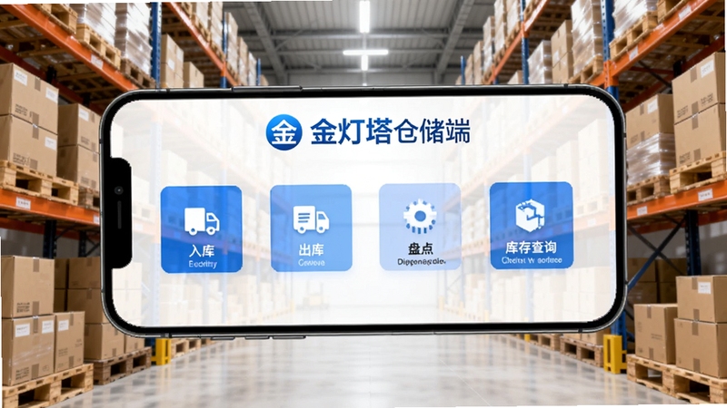 金灯塔仓储端主界面预览图,画面中央显示手机横屏操作界面,界面顶部有金灯塔仓储端蓝色logo,下方是入库、出库、盘点、库存查询四个功能图标,背景是整洁的现代化仓库货架,货架上有整齐的纸箱,整体色调明亮,科技感强,采用写实风格,细节丰富