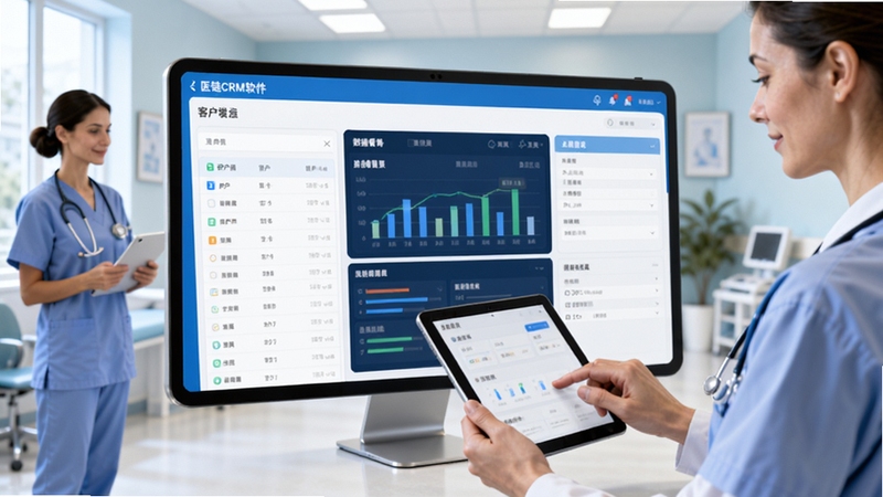 医链CRM软件主界面预览图,展示客户列表、数据看板与跟进记录,界面简洁清晰,医疗行业风格,蓝色系为主色调,背景为医院或诊所场景,人物形象为医护人员正在使用平板电脑,画面主体突出软件界面,细节丰富,适合软件下载站展示