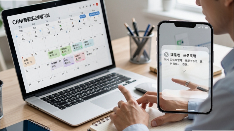 医链CRM智能跟进提醒功能展示,日历视图标注任务时间,手机弹出提醒通知,背景为办公桌场景,有电脑和笔记本,人物手指点击屏幕,强调时间管理与任务提醒,风格写实清晰
