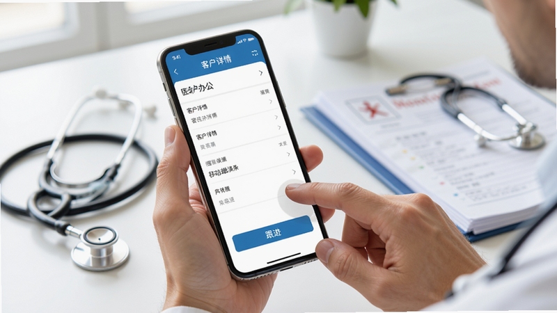 医链CRM移动端操作演示图,手机屏幕显示客户详情页与跟进按钮,背景为医生办公室,有听诊器和病历本,人物手拿手机点击屏幕,突出移动办公场景,风格真实自然