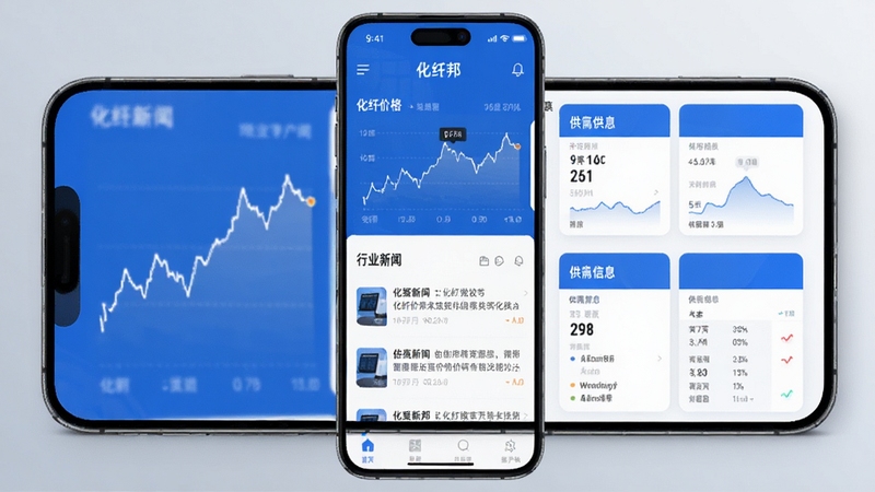 化纤邦App主界面展示,屏幕内显示化纤价格曲线、行业新闻列表、供需信息卡片,整体风格商务蓝白配色,界面清晰现代,手机居中显示,背景为浅灰色渐变,光线柔和,产品渲染图风格