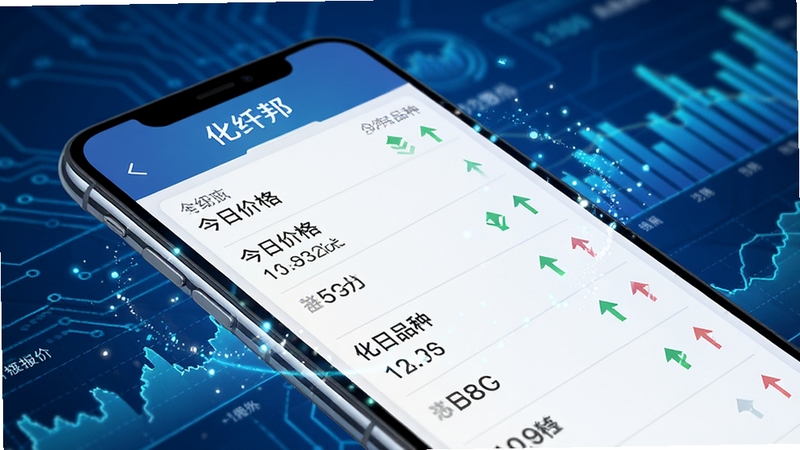 化纤邦App行情报价页面特写,屏幕中显示多个化纤品种的今日价格与涨跌箭头,背景为蓝色科技感数据图表,手机斜放,周围有光效粒子,高清渲染