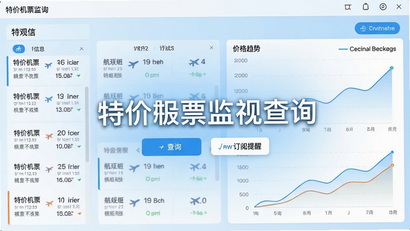 特价机票监视查询软件主界面预览图,展示多平台机票价格对比列表,左侧为航班信息,右侧为价格趋势折线图,背景为浅蓝色渐变,整体风格简洁现代,画面中心突出软件名称“特价机票监视查询”,UI设计清晰标注查询按钮与订阅提醒功能,适配竖屏手机截图比例