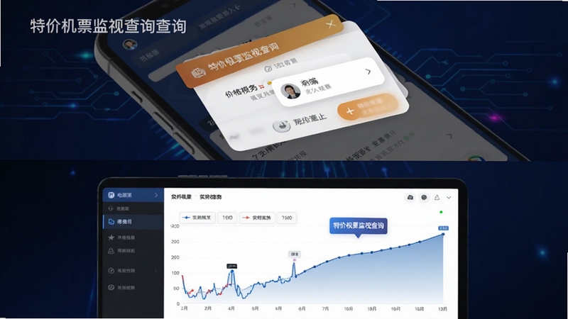 特价机票监视查询功能展示图,画面分为上下两部分,上半部分显示手机端价格预警通知弹窗,下半部分展示电脑端价格走势曲线图,图中标注“特价机票监视查询”字样,背景为深色科技感渐变,突出数据监控与实时推送特性
