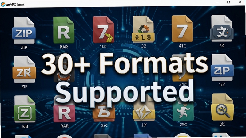 unARC软件解压格式支持界面截图,屏幕上展示着各种压缩文件格式的图标,如ZIP、RAR、7Z等,以彩色立体图标形式整齐排列,背景为深蓝色科技感光效,中间用大号字体标注“30+ Formats Supported”字样,整体设计直观醒目,强调unARC强大的兼容性