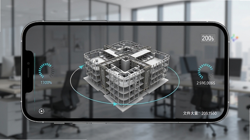 所见3D软件功能展示图,手机屏幕内显示一个复杂的建筑结构3D模型正在被流畅旋转,屏幕边缘有加载速度的百分比提示和文件大小信息,背景是虚化的办公环境,强调软件处理大模型的流畅性能