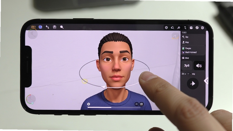 所见3D软件在手机上运行的实拍图,手机横屏显示一个色彩丰富的3D人像模型,手指正在屏幕上进行旋转操作,背景为简洁的桌面,画面清晰,突出软件的易用性和显示效果