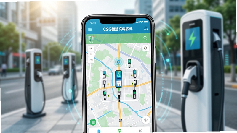 一张展示CSG智慧充电软件核心功能的宽幅预览图,画面主体为智能手机屏幕上的充电站地图界面,背景为模糊的城市街道与充电桩实景,整体风格现代简洁,色彩明亮,突出科技感与便捷性