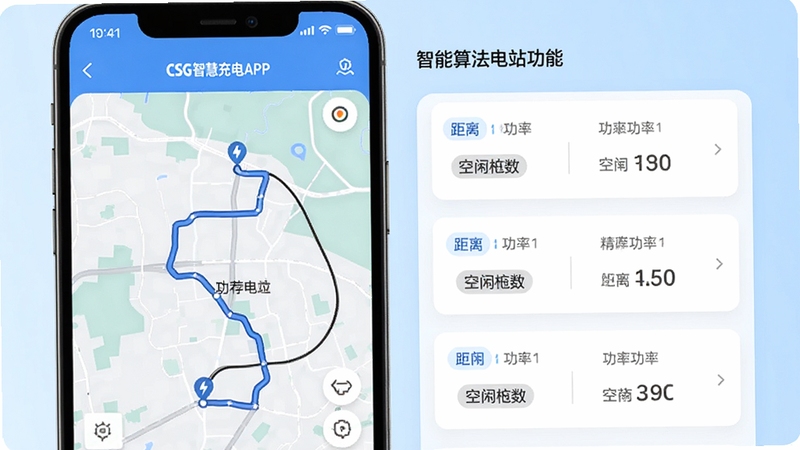 CSG智慧充电APP的智能推荐电站功能界面特写,画面左侧为地图路线,右侧为推荐电站卡片列表,标注有距离、功率、空闲桩数等信息,背景采用干净的浅蓝色渐变,整体风格清爽直观,突出智能算法的精准推荐