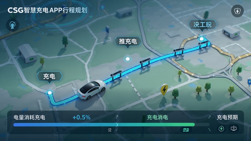 CSG智慧充电APP的行程规划功能展示,地图上标记出沿途推荐的充电站点,车辆图标沿规划路线行驶,进度条清晰显示电量消耗与充电预期,整体风格科技感强,地图渲染细腻,体现智能规划的核心能力