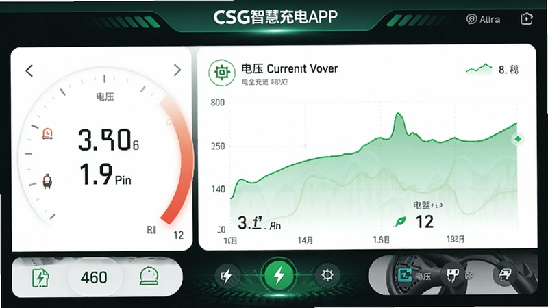 CSG智慧充电APP的实时充电监控数据面板截图,清晰的数字仪表盘显示电压电流功率曲线,绿色背景代表安全充电状态,界面设计科技感强,数据可视化图标精致,整体风格专业且值得信赖