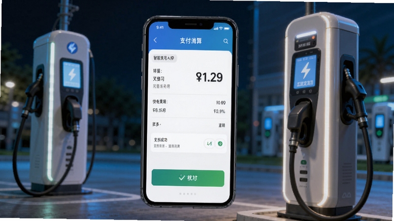 CSG智慧充电APP的支付结算页面展示,手机屏幕显示充电费用明细与支付成功状态,背景有充电桩亮灯场景,整体色调明亮,突出快捷支付与透明消费的理念,视觉风格干净利落