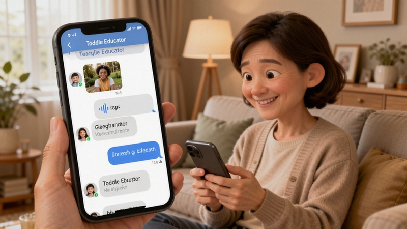 Toddle Educator应用的家校沟通界面,显示教师与家长的对话列表,包含发送照片、语音条和文字消息的预览,背景为温馨的家庭客厅环境,一名家长正微笑查看手机,画面柔和,突出沟通的便捷性,采用Boogu模型生成