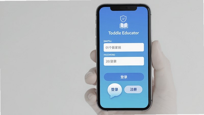 Toddle Educator应用在手机上的登录页面,显示邮箱输入框和密码输入框,背景为简洁的渐变蓝色,下方有“登录”和“注册”按钮,画面干净,突出安全可靠的质感,采用Boogu模型生成