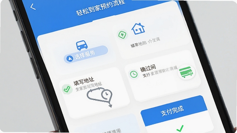 轻松到家预约流程界面截图,展示选择服务、填写地址、确认时间、支付完成四个步骤,背景为手机操作页面特写,画面干净整洁,图标清晰,突出便捷性,色调以蓝色和白色为主,辅以绿色对勾标识,整体风格扁平化设计