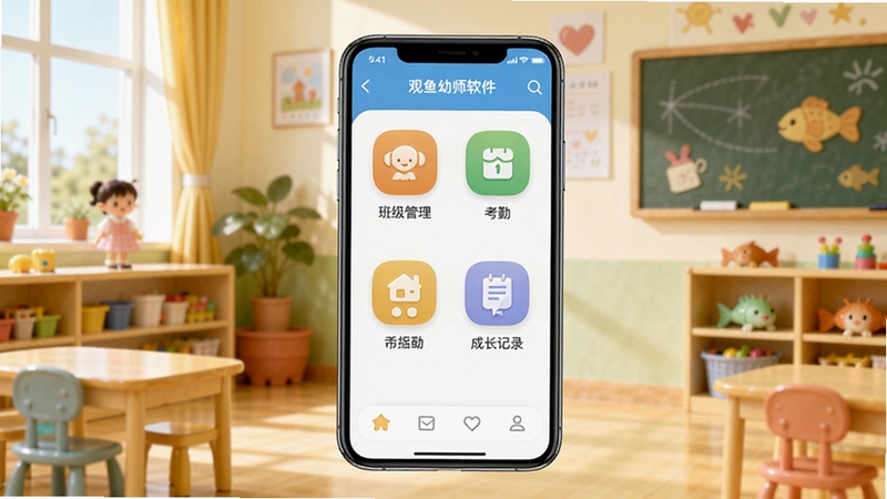 观鱼幼师软件主界面预览图,画面中央是手机屏幕展示着班级管理、考勤、成长记录等核心功能图标,背景为明亮的幼儿园教室一角,色彩温馨活泼,整体风格简洁现代,突出软件的专业与实用