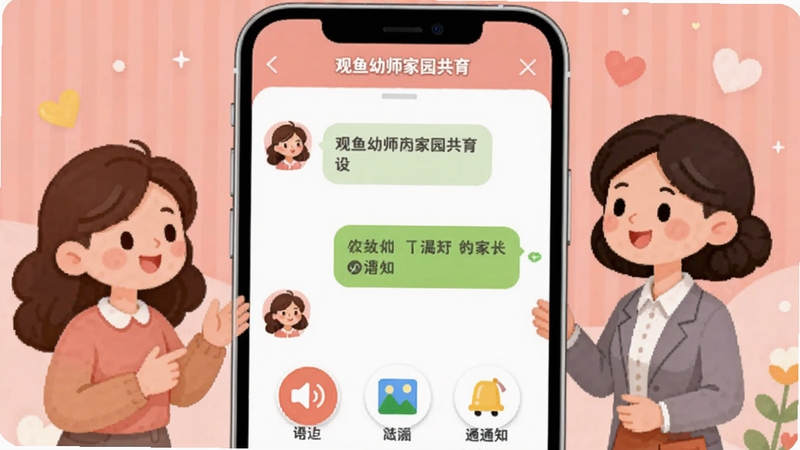 观鱼幼师家园共育界面设计图,手机界面展示老师与家长的聊天窗口,下方有语音、图片、通知等图标,背景为温暖的粉色调,旁边有家长和老师微笑交流的卡通形象,风格温馨可爱