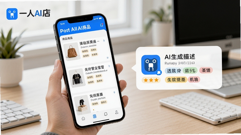 一人AI店商品管理功能演示图,画面展示手机界面中商品列表与AI生成描述的过程,界面有商品图片、自动生成的标题和标签,背景为整洁的办公桌,主体突出软件操作流程,色彩明快,细节丰富,包含一人AI店品牌标识