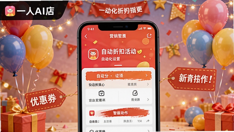 一人AI店营销中心界面截图,展示创建折扣活动、优惠券设置等操作面板,背景为节日促销氛围装饰,画面中有彩色气球和促销标签,主体是手机屏幕中的营销功能页面,突出自动化与智能化特点,包含一人AI店软件名称,整体喜庆活泼,细节清晰
