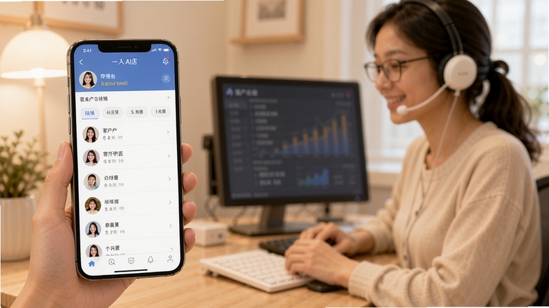 一人AI店客户管理界面演示,展示客户列表、标签分组、互动历史记录,背景为温馨的客服工作场景,主体为手机屏幕中的客户详情页,包含一人AI店软件界面,色调柔和,注重细节呈现,整体专业且友好