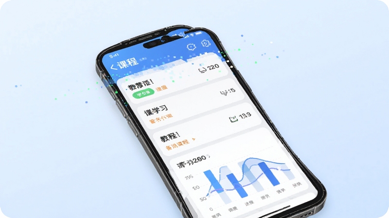 备多分学习软件主界面预览图,画面主体为手机屏幕展示学习课程列表与进度图表,背景为淡蓝色渐变,整体风格现代简约,突出教育科技感,高清渲染