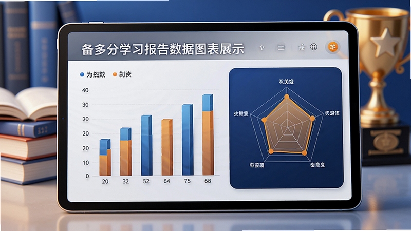 备多分学习报告数据图表展示图,画面主体为平板电脑显示分析报告柱状图与雷达图,背景带有书本与奖杯元素,科技蓝与橙色搭配,风格专业且富有成就感,高清数字艺术