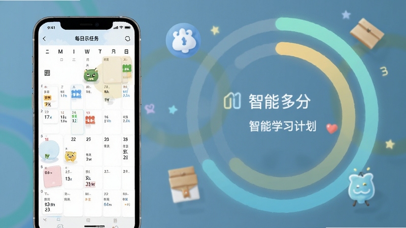 备多分智能学习计划功能示意图,画面展示手机端日历视图与每日任务清单,背景有柔和的进度环与激励图标,色调清新明亮,强调规划与效率,专业数字绘画风格