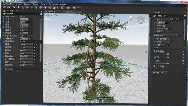 SpeedTree软件实操截图,展示用户正在调整一棵松树的枝干曲线与风力强度控制器,界面布局清晰,参数列表完整,背景为淡灰色网格地面,画面直观体现教程中的操作步骤