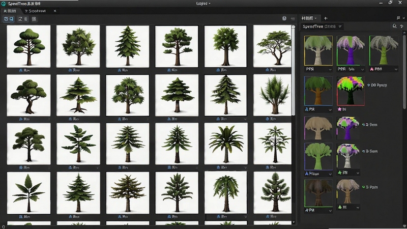 SpeedTree素材库界面,展示多种风格化与写实风格的树木缩略图,右侧材质编辑器显示PBR贴图通道,画面清晰明亮,展示植物素材的多样性与材质的精细度