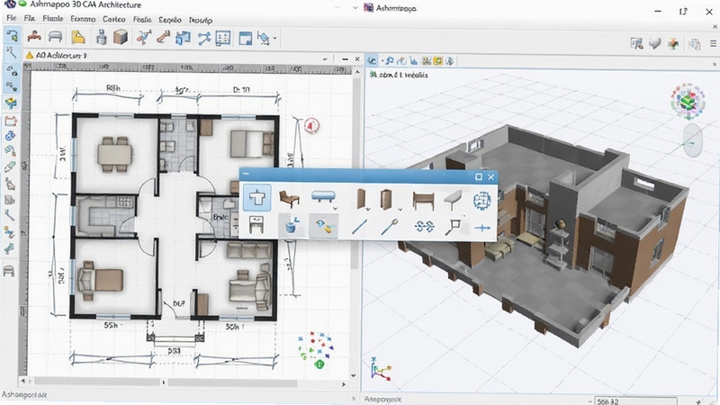һ��չʾAshampoo 3D CAD Architecture����������ĸ����ͼ���������Ϊ¥��ƽ��ͼ�༭�����Ҳ�Ϊ��άʵʱԤ�����ڣ����������żҾ߰ڷŹ�����������ɫ��Ϊǳ��ɫ����ɫ���䣬����Ϊ��ɫ���񣬻�������������ͻ��������רҵ�������ԣ�ͼƬ����Ϊ16��9�����Ϊ3D��ȾЧ��ͼ��