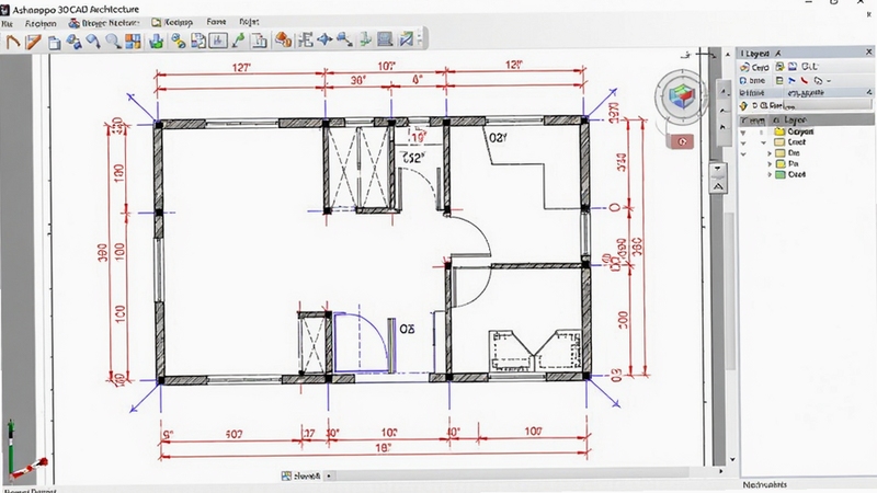 չʾAshampoo 3D CAD Architecture����ʩ��ͼ��Ľ��棬��������ʾһ�Ŵ��к�ɫ�ߴ��ע�ߡ���ɫ���ߡ��Ŵ���ŵĶ�άƽ��ͼ���Ҳ๤������ͼ���������ͼֽ����Ϊ��ɫ������������������רҵ�Ͻ���ǿ�������ĳ�ͼ����������Ϊ16��9��