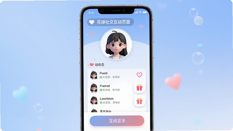 ��»�罻����ҳ�棬չʾ�û�������ҳ��������������չʾ����̬�б��ͻ�����ť��ҳ�����࣬�а��ĵ��޺�����ͼ�꣬����Ϊ��͵���ɫ���䣬ͻ���罻���ܵ���ů���Ѻã�����ɾ����ʺ���Ϊ�罻����˵��ͼ��