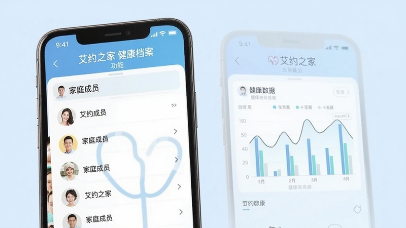 艾约之家 健康档案 功能 手机界面 显示 家庭成员 列表 健康数据 图表 背景 淡蓝色 清爽 专业