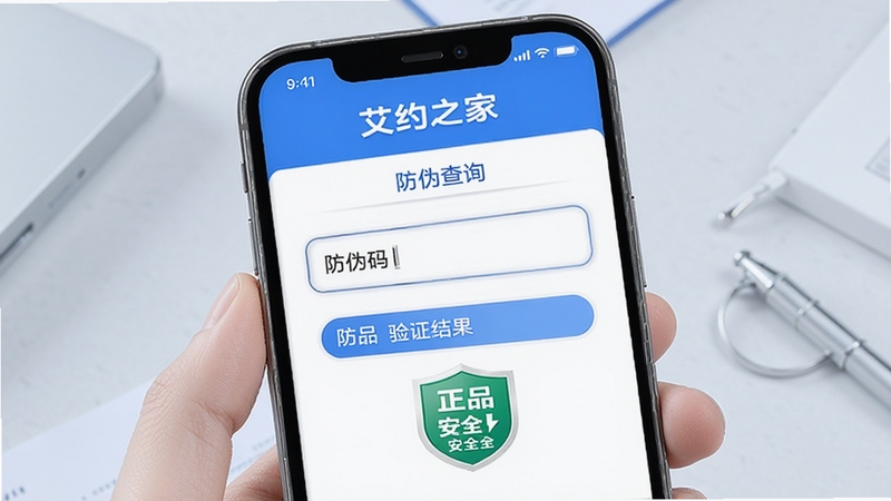 艾约之家 防伪查询 页面 手机界面 输入框 防伪码 验证结果 正品 安全标识 简洁 蓝色调