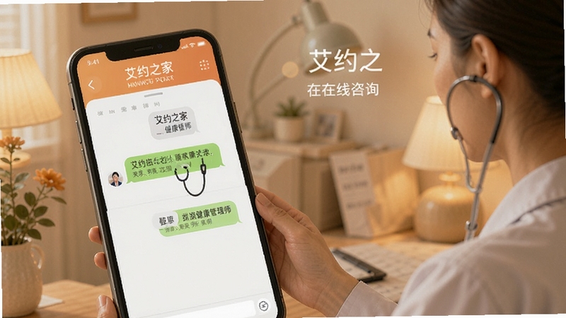 艾约之家 在线咨询 功能 手机界面 显示 聊天窗口 健康管理师 回复 温馨色调 专业感 清晰可见