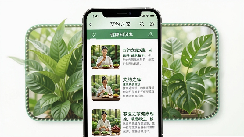 艾约之家 健康知识库 界面 手机屏幕 显示 中医养生 文章列表 背景 绿色植物 健康风格 明亮清晰