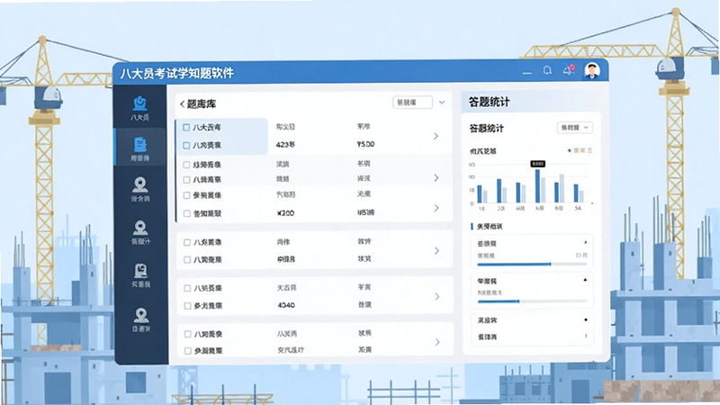 八大员考试学知题软件主界面预览图,展示题库列表与答题统计面板,背景为浅蓝色建筑工地元素,主体居中,画面清晰,适合应用商店展示