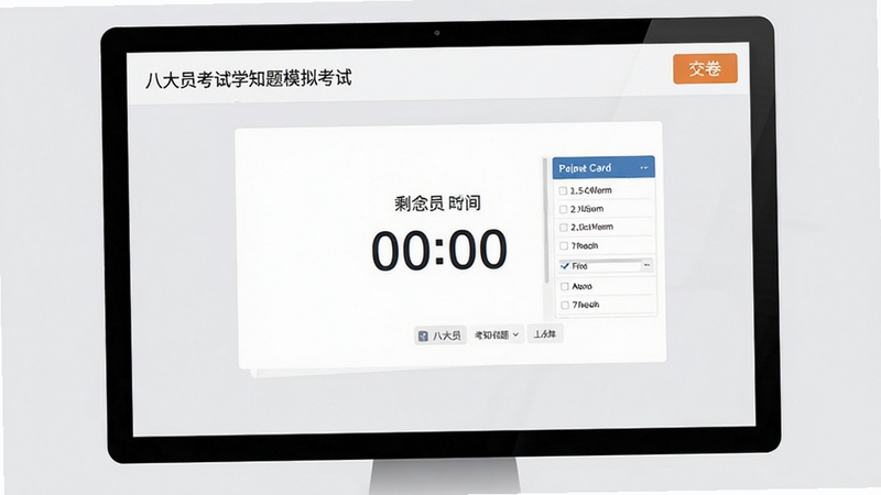 八大员考试学知题模拟考试界面,屏幕中央显示剩余时间与答题卡,右上角为交卷按钮,背景为淡灰色,模拟真实考试氛围,画面简洁明亮