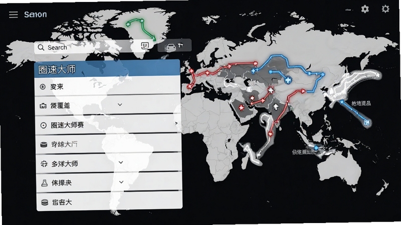 圈速大师赛道选择界面,显示全球赛道列表和地图预览,支持搜索和自定义赛道功能,背景为世界地图轮廓,突出多赛道覆盖和自定义能力。