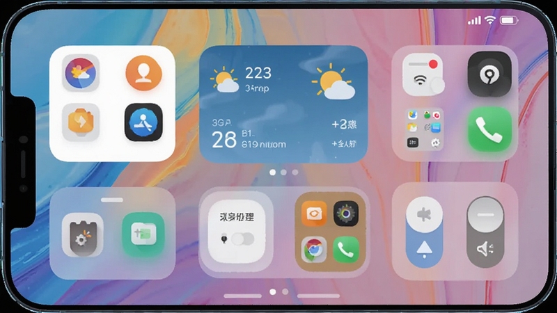 灵动桌面组件主界面预览图,展示手机桌面上的灵动小组件、天气卡片与快捷开关,背景为渐变色抽象纹理,画面主体居中,细节丰富,风格现代简洁