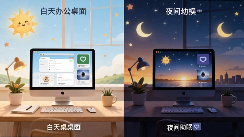 灵动桌面组件情景模式切换示意图,左侧为白天办公桌面组件,右侧为夜间助眠桌面组件,背景为昼夜对比图,画面分割明确,风格温馨