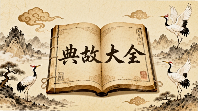 一幅典雅的中国风插画,画面中央是一本翻开的古籍线装书,书页上隐约浮现出“典故大全”四个毛笔字,周围环绕着水墨山水、祥云、松鹤等传统元素,背景为淡黄色宣纸纹理,整体色调古朴温暖,细节丰富,适合作为软件宣传主视觉图。