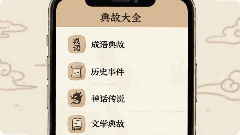 手机屏幕截图风格的示意图,界面顶部显示“典故大全”应用名称,下方是分类列表,依次排列“成语典故”“历史事件”“神话传说”“文学典故”等图标,每个图标旁配有小字说明,整体UI设计简洁清晰,配色以米白和淡棕为主,符合传统文化应用的视觉风格。